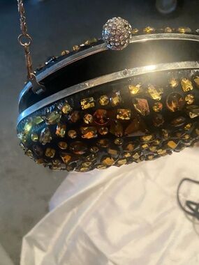 Natasha Couture Black Evening Clutch with Amber Crystal Embellishments